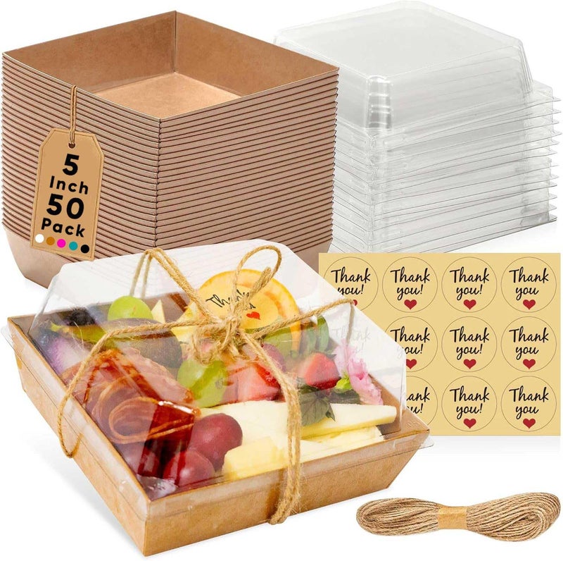 Leafiew 50 Pack Small Charcuterie Boxes with Clear Lids - To Go Paper Mini Charcuterie Box, Disposable Food Containers, 5Inch Dessert Boxes - Sandwich, Cookie, Sushi, Cake Slice, Strawberries (Brown) - Image 1
