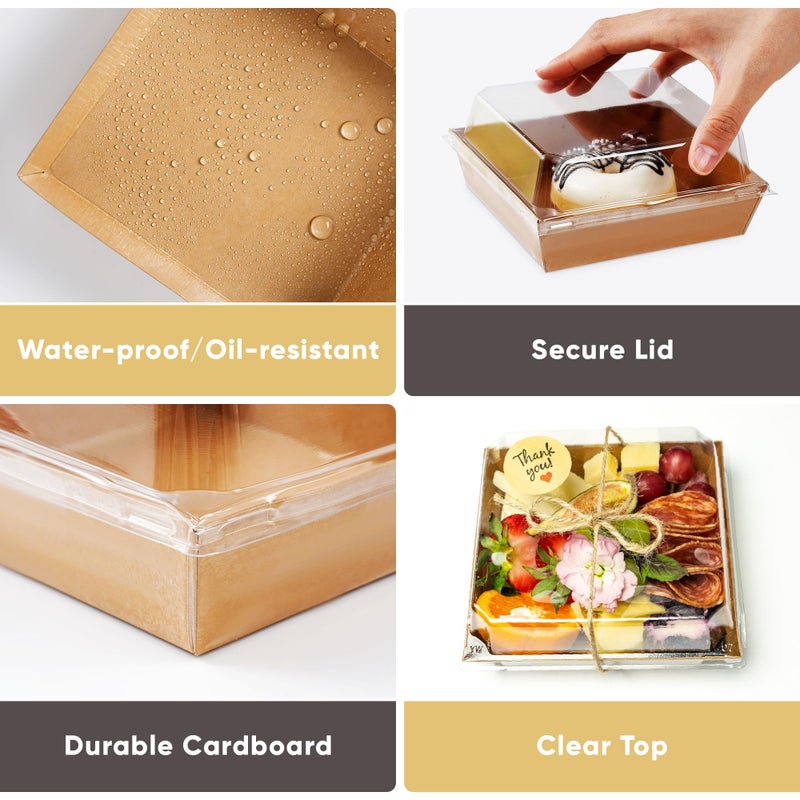 Leafiew 50 Pack Small Charcuterie Boxes with Clear Lids - To Go Paper Mini Charcuterie Box, Disposable Food Containers, 5Inch Dessert Boxes - Sandwich, Cookie, Sushi, Cake Slice, Strawberries (Brown) - Image 4