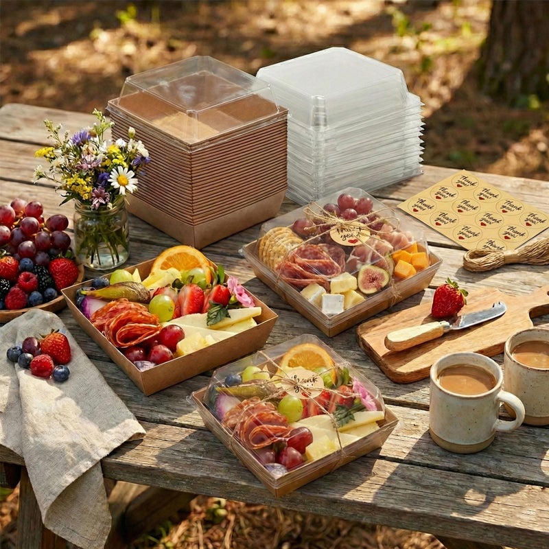 Leafiew 50 Pack Small Charcuterie Boxes with Clear Lids - To Go Paper Mini Charcuterie Box, Disposable Food Containers, 5Inch Dessert Boxes - Sandwich, Cookie, Sushi, Cake Slice, Strawberries (Brown) - Image 5
