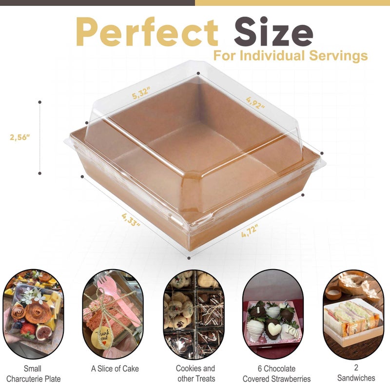 Leafiew 50 Pack Small Charcuterie Boxes with Clear Lids - To Go Paper Mini Charcuterie Box, Disposable Food Containers, 5Inch Dessert Boxes - Sandwich, Cookie, Sushi, Cake Slice, Strawberries (Brown) - Image 2