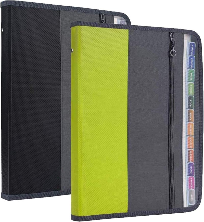 Nafy Expanding File Folders, 2Pack 13 Pockets Document Organizer with Zipper, A4 Letter Size Portable Accordion Expanding File Folders with Multicolor Labels for Office School Supplies (Black+Green) - Image 1
