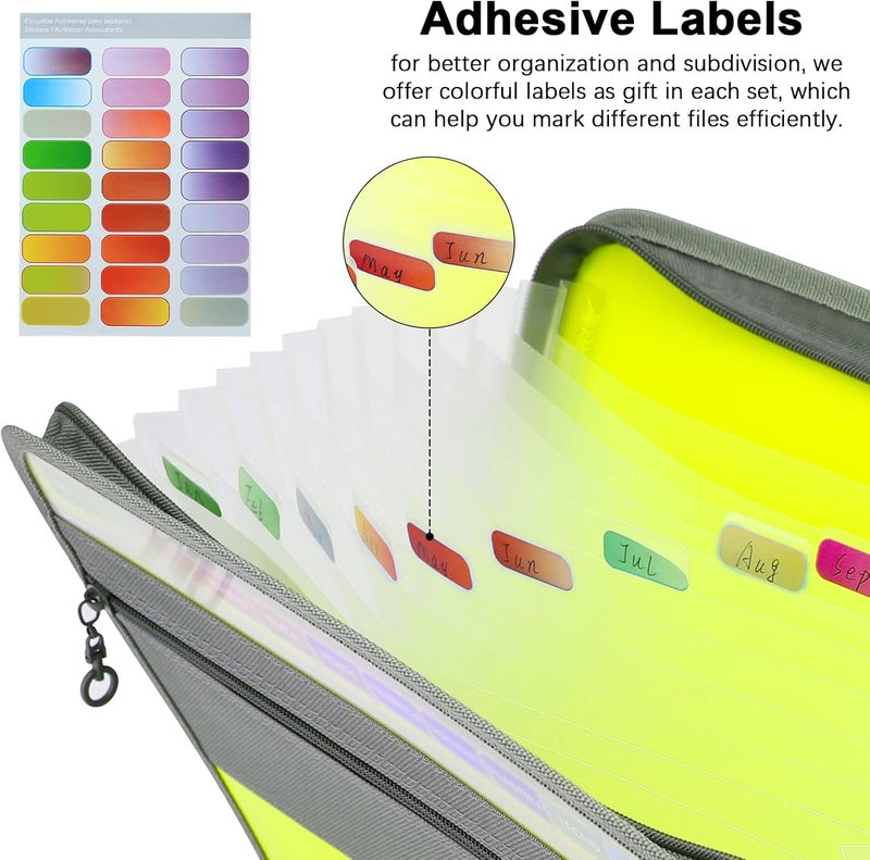 Nafy Expanding File Folders, 2Pack 13 Pockets Document Organizer with Zipper, A4 Letter Size Portable Accordion Expanding File Folders with Multicolor Labels for Office School Supplies (Black+Green) - Image 5