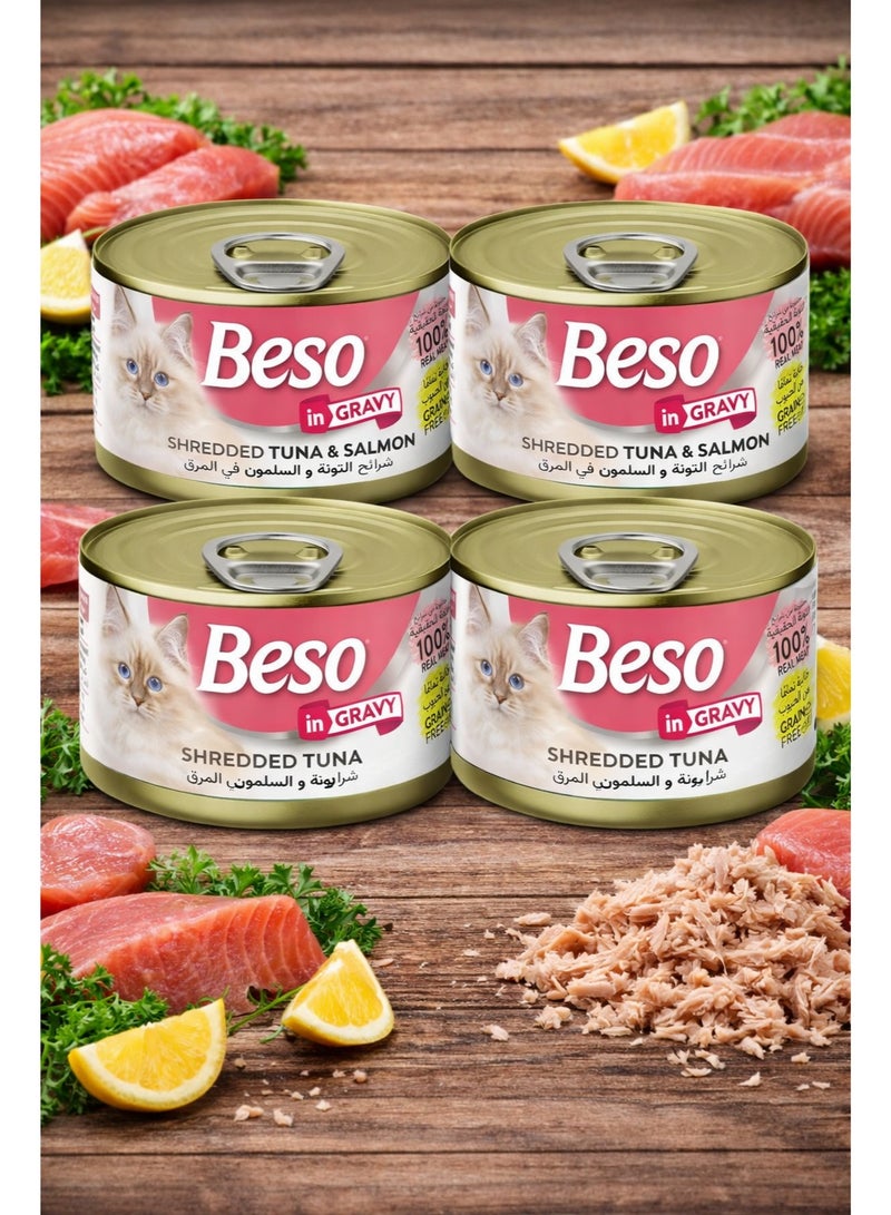Premium Shredded Tuna and Salmon in Savory Gravy Wet Cat Food Tins, Grain-Free High Protein Nutritious Canned Meals for Healthy Adult Cats and Kittens
