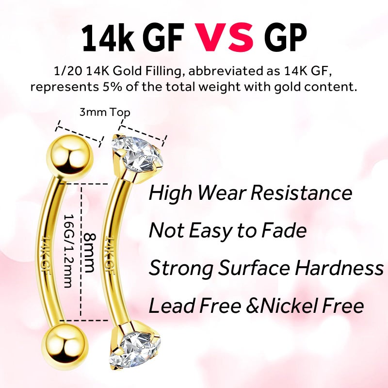 ALACLO 2 Pcs 14k Gold Filled Eyebrow Rings, 16G Threaded Rook Piercing Jewelry, Surgical Steel Vertical Lip Labret Belly Tongue Ring Daith Earring Curved Barbells 8mm - Image 4