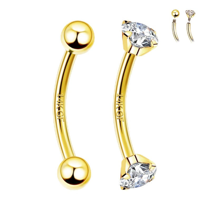 ALACLO 2 Pcs 14k Gold Filled Eyebrow Rings, 16G Threaded Rook Piercing Jewelry, Surgical Steel Vertical Lip Labret Belly Tongue Ring Daith Earring Curved Barbells 8mm - Image 1
