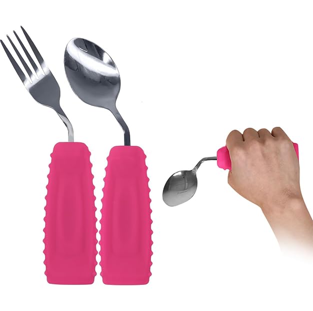 Ehucon Adaptive Utensils Angled Spoon and Fork for Hand Tremors ParkinsonsWeighted Utensils with NonSlip Easy Grip Handles for Independent Eating 1pcs Spoon1pcs Fork2 pcsPinkRight Hand