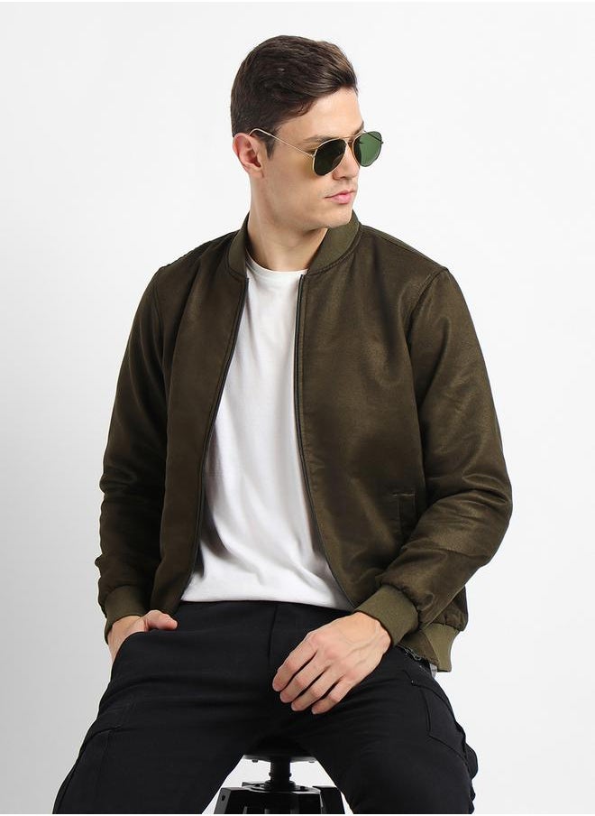 Regular Fit Suede Look Bomber Jacket by Styli