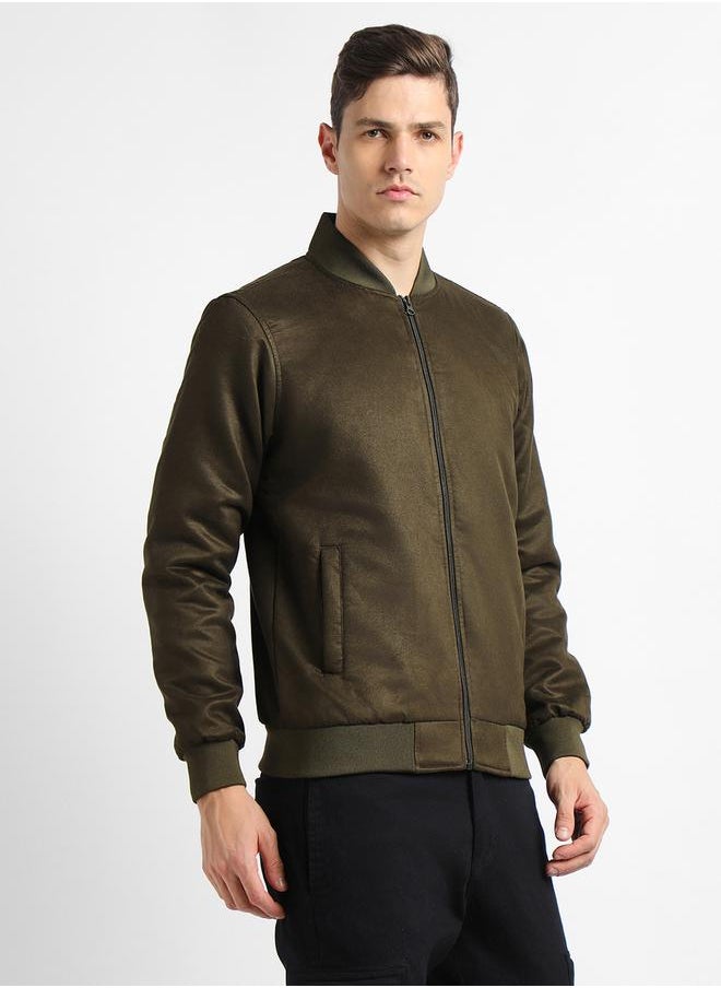 Regular Fit Suede Look Bomber Jacket by Styli