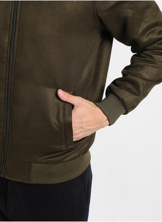 Regular Fit Suede Look Bomber Jacket by Styli