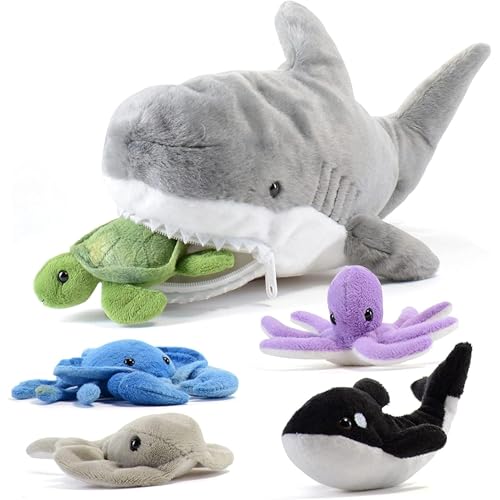 PREXTEX Plush Toy Shark Stuffed Animal with 5 Sea Animals  Shark Plush Toy with Turtle Whale Octopus Stingray Crab  Giant Stuffed Animals for Kids Aged 3 and Up  Fun Gift for Sea Animal Lovers - Image 1