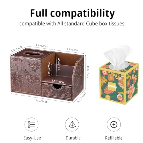 PUSU Nightstand Organizer with Tissue Holder,PU Leather Square Tissue Box Cover,Modern Facial Paper Organizer Storage Box for Remote Control,Bathroom,Vanity Countertop,End Table Home Office - Image 3