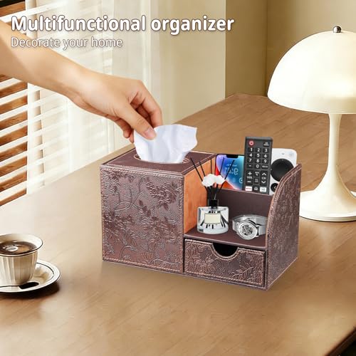 PUSU Nightstand Organizer with Tissue Holder,PU Leather Square Tissue Box Cover,Modern Facial Paper Organizer Storage Box for Remote Control,Bathroom,Vanity Countertop,End Table Home Office - Image 2