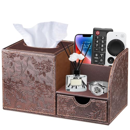 PUSU Nightstand Organizer with Tissue Holder,PU Leather Square Tissue Box Cover,Modern Facial Paper Organizer Storage Box for Remote Control,Bathroom,Vanity Countertop,End Table Home Office - Image 1