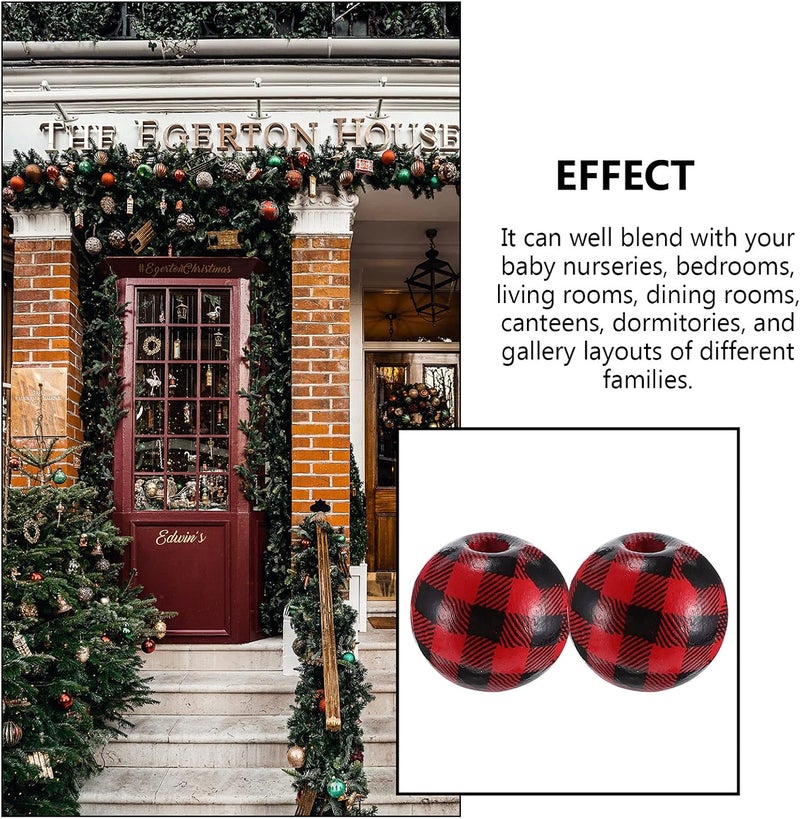 jellyflow 20Pcs Buffalo Plaid Wood Beads Red Black Farmhouse Loose Spacer Beads for Country Home Wall Garland Decoration Bracelet Jewelry DIY Craft (16MM) - Image 3