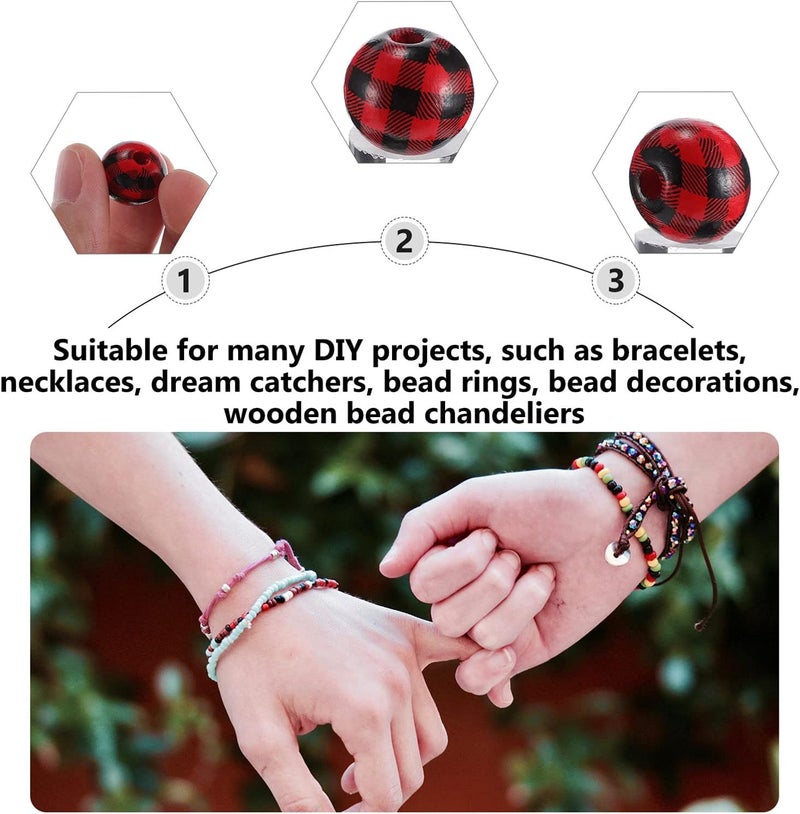 jellyflow 20Pcs Buffalo Plaid Wood Beads Red Black Farmhouse Loose Spacer Beads for Country Home Wall Garland Decoration Bracelet Jewelry DIY Craft (16MM) - Image 5