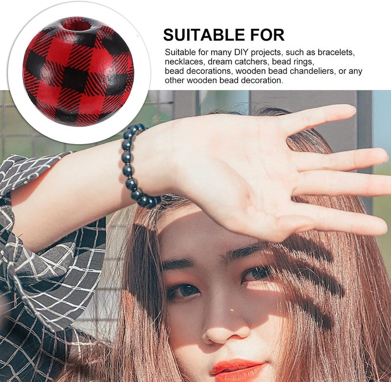 jellyflow 20Pcs Buffalo Plaid Wood Beads Red Black Farmhouse Loose Spacer Beads for Country Home Wall Garland Decoration Bracelet Jewelry DIY Craft (16MM) - Image 4