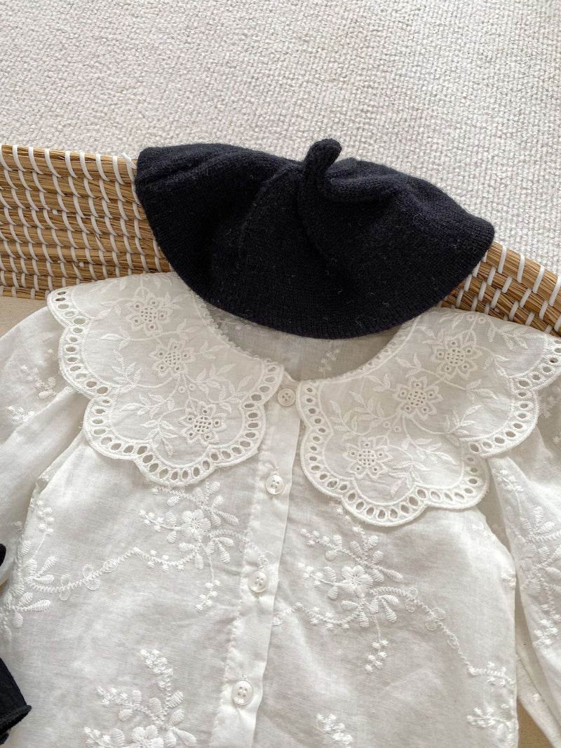 2024 Spring Baby Girl Solid Collar Shirt with Strap Pants Set Beret 