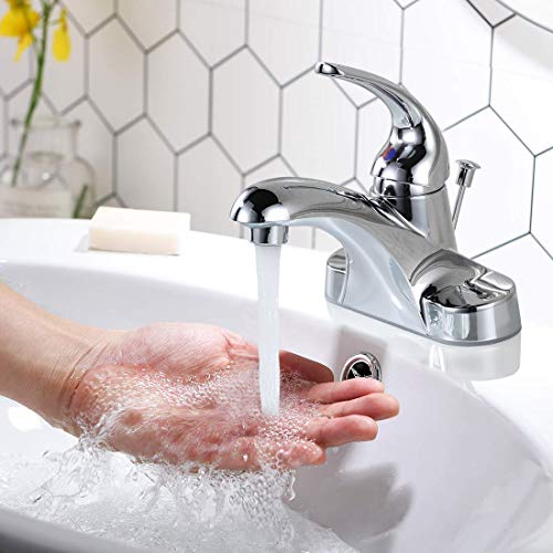 WOWOW Bathroom Faucet 1 Handle Low Arc Single Handle 4 inch Centerset Bathroom Sink Faucet with Lift Rod Drain Assembly Basin Mixer Tap Chrome Vanity Taps - Image 4