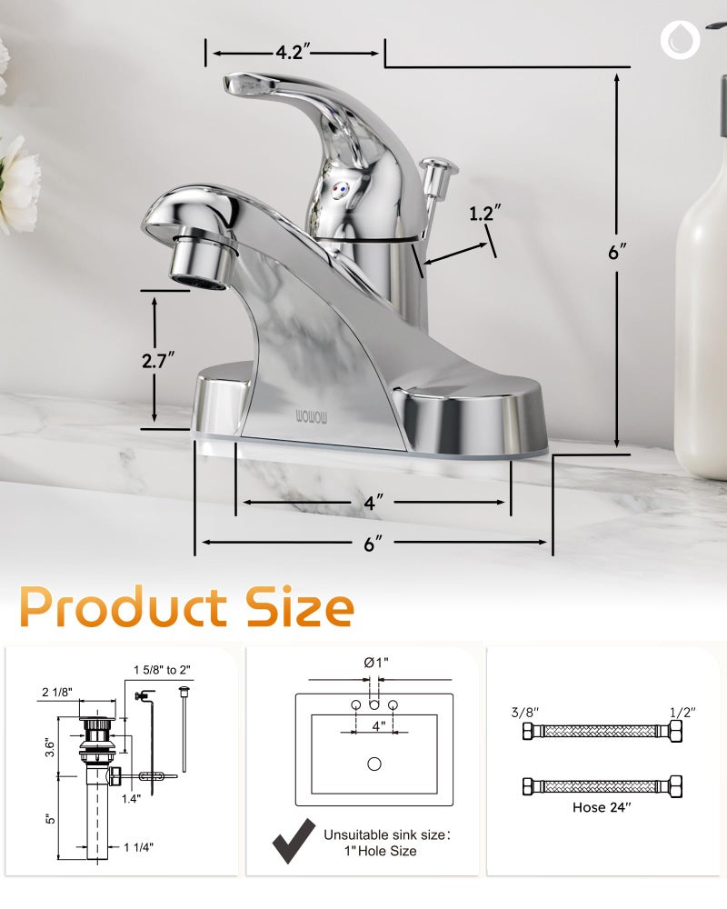WOWOW Bathroom Faucet 1 Handle Low Arc Single Handle 4 inch Centerset Bathroom Sink Faucet with Lift Rod Drain Assembly Basin Mixer Tap Chrome Vanity Taps - Image 5