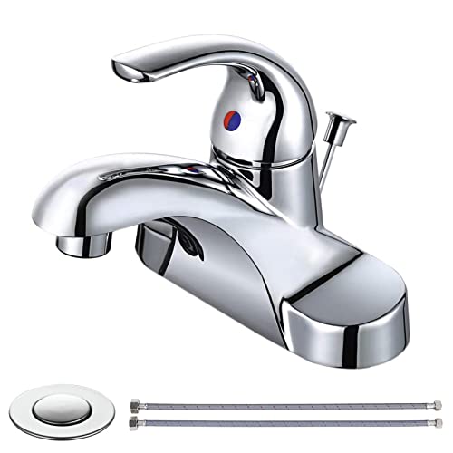 WOWOW Bathroom Faucet 1 Handle Low Arc Single Handle 4 inch Centerset Bathroom Sink Faucet with Lift Rod Drain Assembly Basin Mixer Tap Chrome Vanity Taps - Image 1