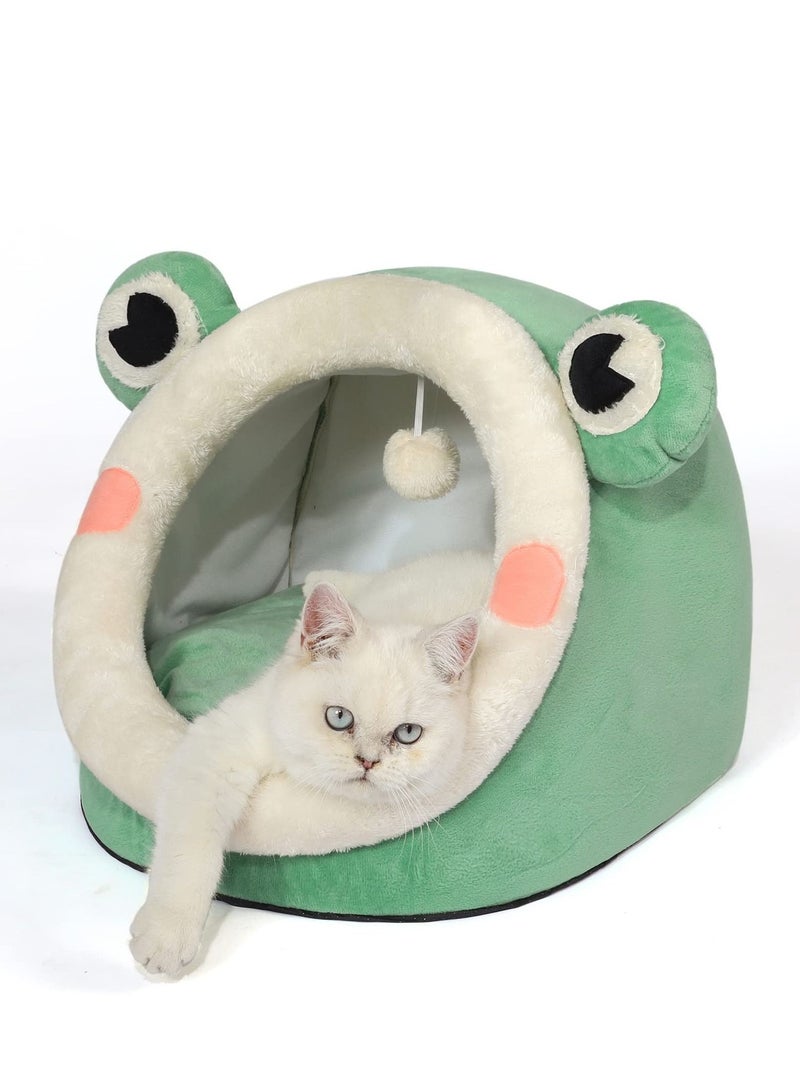 Arabest Cute Cat Bed,Indoor Lovely Crystal Velvet Igloo, Warm Cave Sleeping Nest Bed for Puppy and Kitten, Green Frog, M. - Image 1
