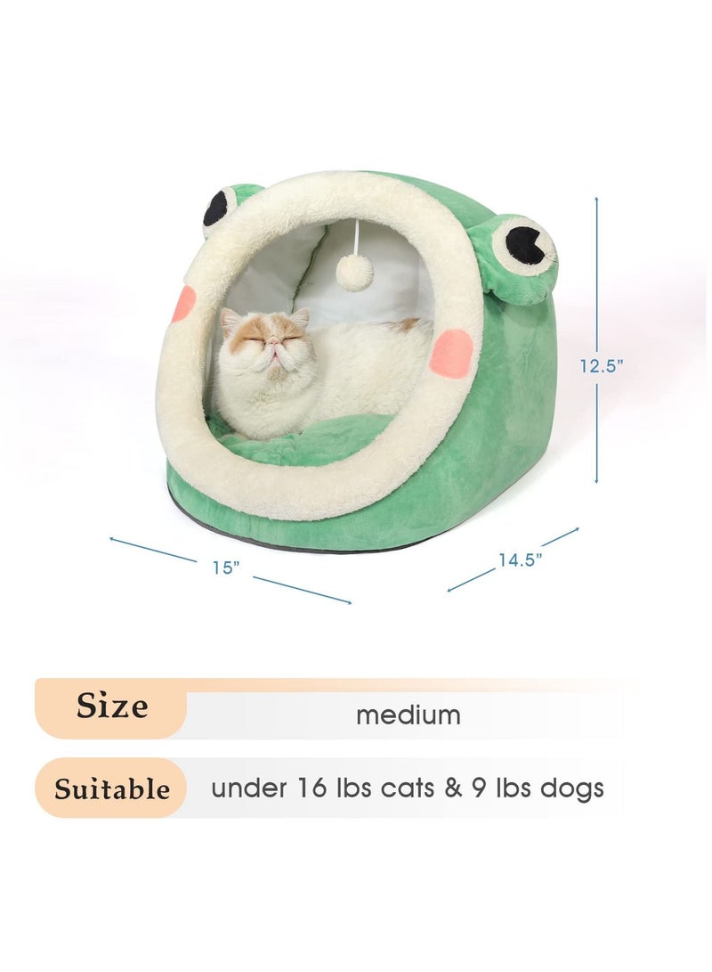 Arabest Cute Cat Bed,Indoor Lovely Crystal Velvet Igloo, Warm Cave Sleeping Nest Bed for Puppy and Kitten, Green Frog, M. - Image 5