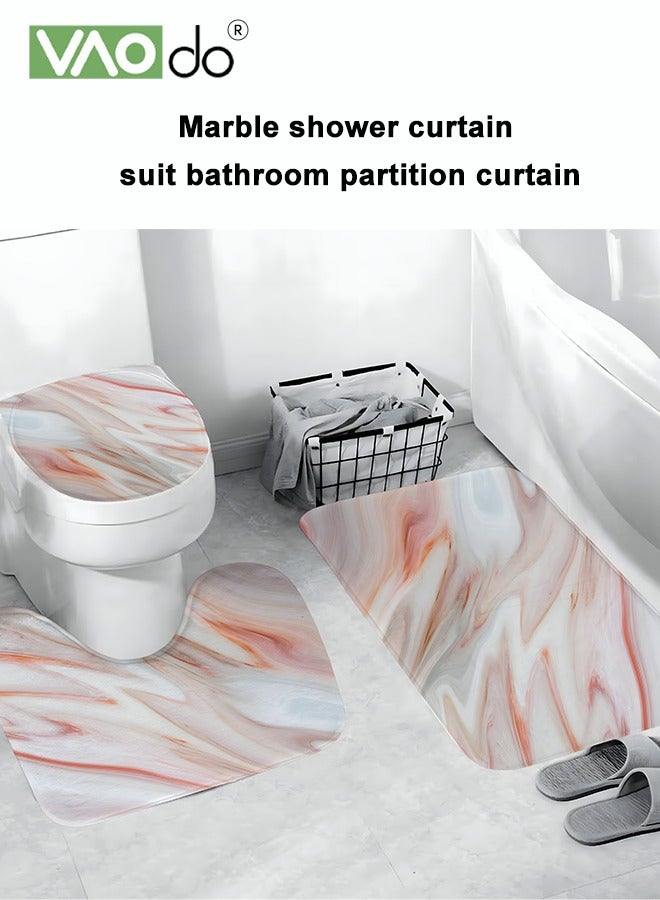 VAOdo 4PCS Printed Shower Curtain Set Polyester Red Gray Marble Pattern Thickened Shower Curtain Set Includes Floor Mat Toilet Seat Cover Anti-skid Pad at The Bottom of Toilet Ring and Shower Curtain  - Image 3