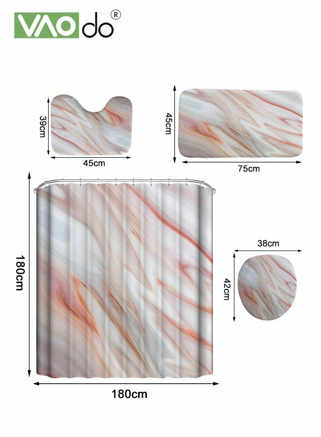 VAOdo 4PCS Printed Shower Curtain Set Polyester Red Gray Marble Pattern Thickened Shower Curtain Set Includes Floor Mat Toilet Seat Cover Anti-skid Pad at The Bottom of Toilet Ring and Shower Curtain  - Image 4
