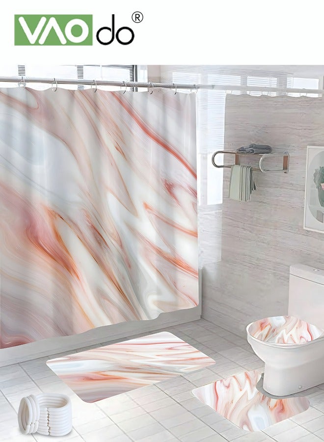 VAOdo 4PCS Printed Shower Curtain Set Polyester Red Gray Marble Pattern Thickened Shower Curtain Set Includes Floor Mat Toilet Seat Cover Anti-skid Pad at The Bottom of Toilet Ring and Shower Curtain  - Image 2