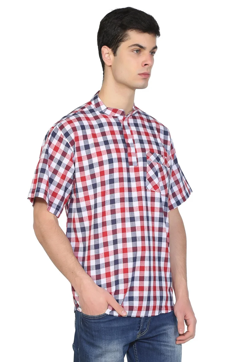 اليش شيل بيزي Kısa Kol Şile Bezi Tek Cepli Hakim Yaka Erkek Tshirt Kırmızı Lacivert Kareli 3008