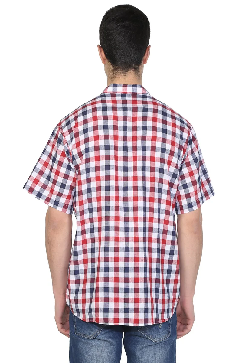 اليش شيل بيزي Kısa Kol Şile Bezi Tek Cepli Hakim Yaka Erkek Tshirt Kırmızı Lacivert Kareli 3008