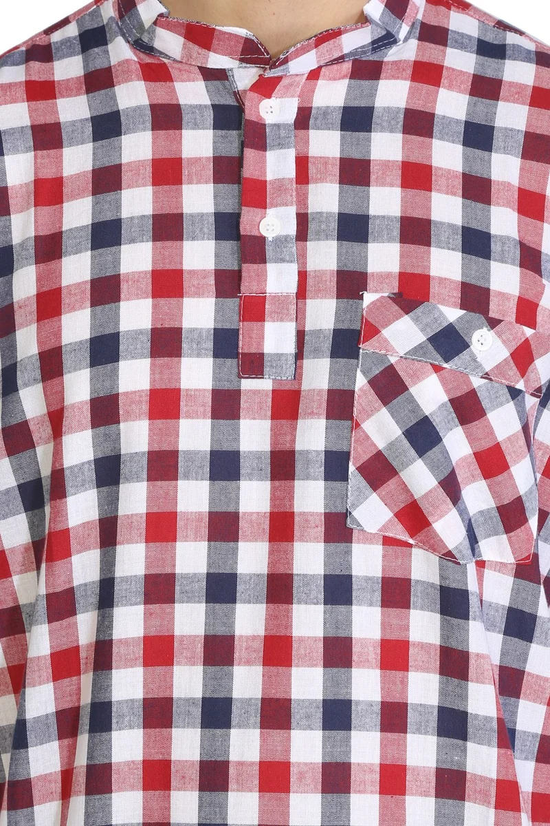 اليش شيل بيزي Kısa Kol Şile Bezi Tek Cepli Hakim Yaka Erkek Tshirt Kırmızı Lacivert Kareli 3008