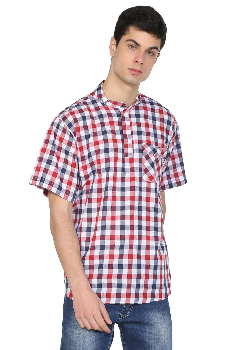 اليش شيل بيزي Kısa Kol Şile Bezi Tek Cepli Hakim Yaka Erkek Tshirt Kırmızı Lacivert Kareli 3008