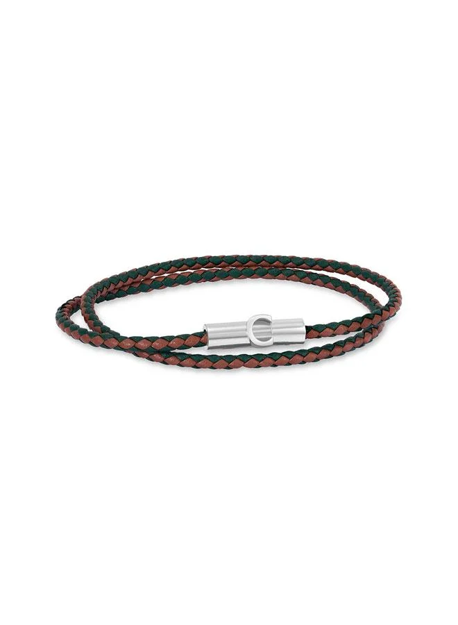 Umberto Brown Green Braided Leather Bracelet for Men 400mm