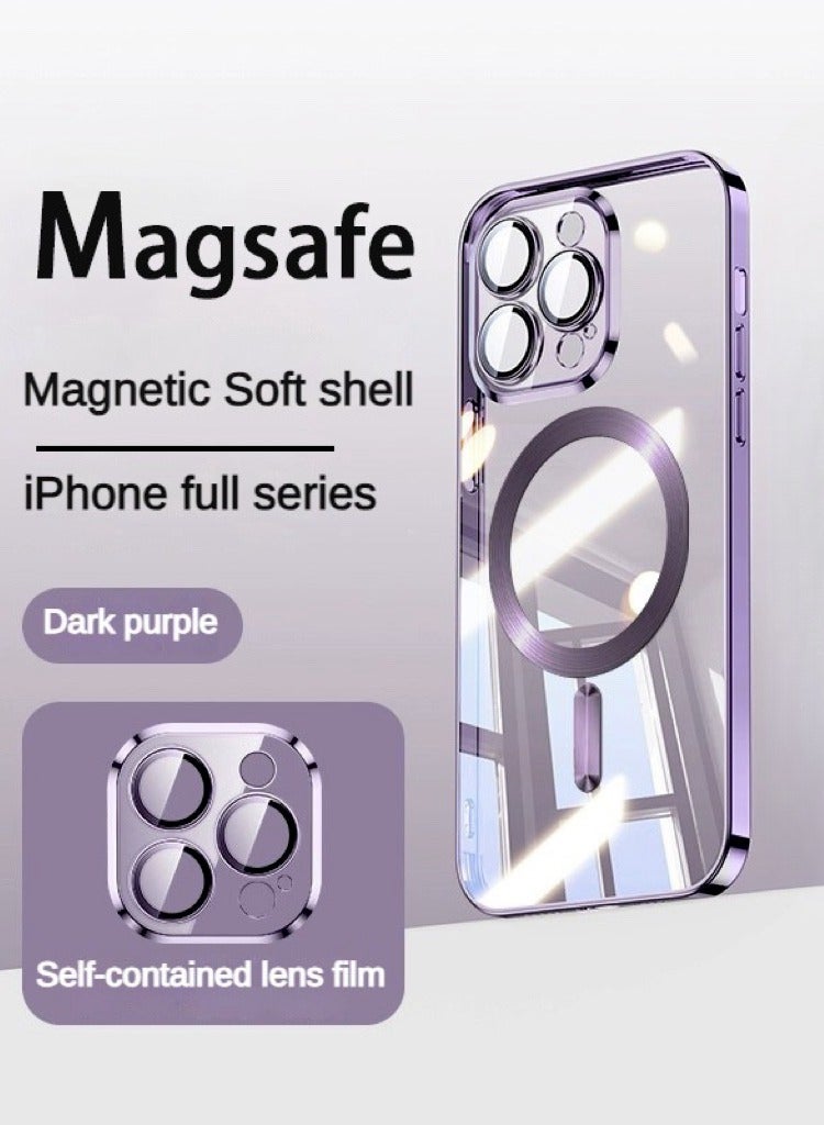 جراب هاتف MagSafe، غطاء هاتف مغناطيسي، غشاء واقي مدمج للعدسات، حماية كاملة ضد الصدمات، تصميم مقاوم للسقوط والخدش، ظهر شفاف، جراب حماية رفيع للهاتف، مع مغناطيس قوي - أرجواني