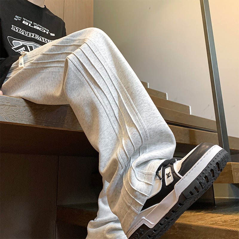 American casual pants womens autumn and winter loose wide-leg sports trousers smiley face waist rope mens and womens retro sweatpants one-piece delivery White and Gray (Smiley pants rope) 
