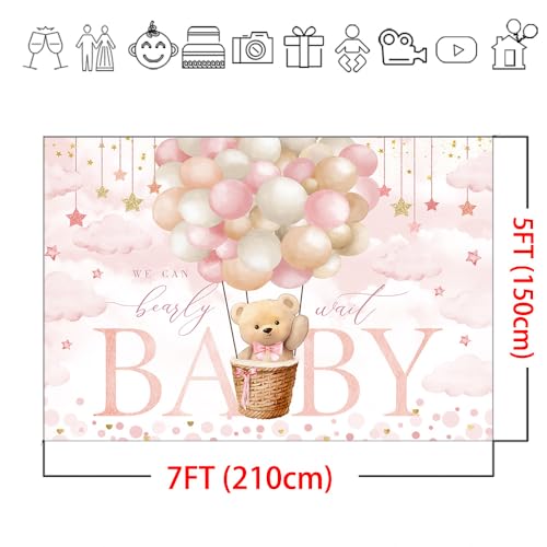 Mocsicka We Can Bearly Wait Backdrop 7x5ft Pink Hot Balloon Bearly Wait Girl Baby Shower Party Decorations Background Pink Cloud Bear Girl Baby Shower Photography Background - Image 5