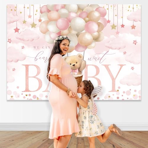 Mocsicka We Can Bearly Wait Backdrop 7x5ft Pink Hot Balloon Bearly Wait Girl Baby Shower Party Decorations Background Pink Cloud Bear Girl Baby Shower Photography Background - Image 2