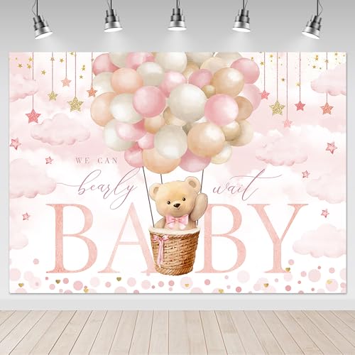 Mocsicka We Can Bearly Wait Backdrop 7x5ft Pink Hot Balloon Bearly Wait Girl Baby Shower Party Decorations Background Pink Cloud Bear Girl Baby Shower Photography Background - Image 1