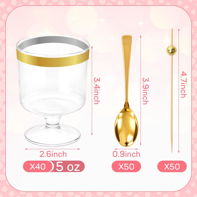JIURUN 140Pcs Dessert Cups with Gold Spoons, 5oz Mini Clear Appetizer Parfait Cups with Cocktail Picks for Fruit Ice Cream Cake Party Birthday Party Events Supplies - Image 2