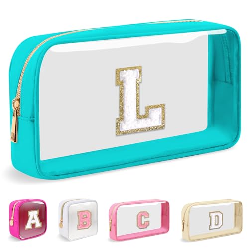 Iqimott Small Clear Personalized Initial Makeup BagNylon Preppy AZ Chenille Letter Patch Cosmetic Pouch Beach Toiletry BagWaterproof Zipper Travel Purse Storage Bag Organizer for Women GirlsCyanWhite L - Image 1