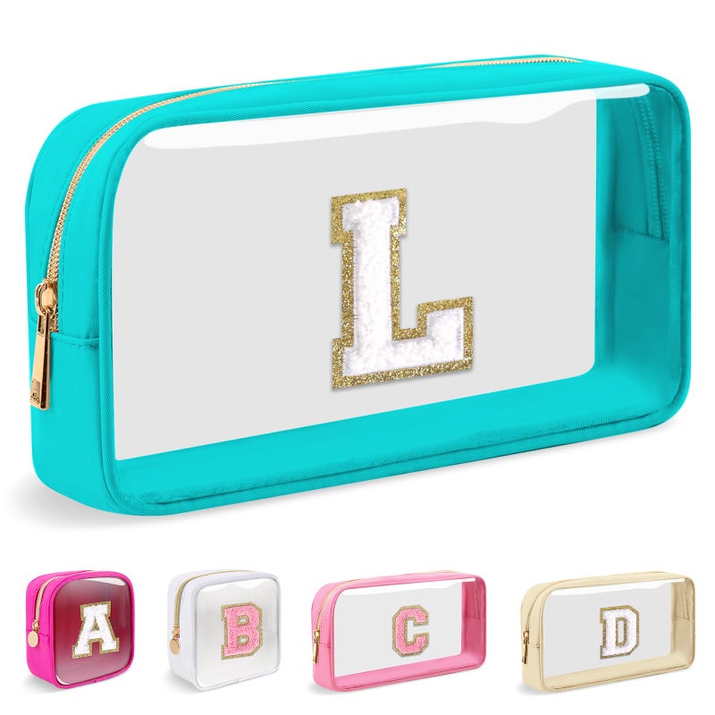 Iqimott Small Clear Personalized Initial Makeup BagNylon Preppy AZ Chenille Letter Patch Cosmetic Pouch Beach Toiletry BagWaterproof Zipper Travel Purse Storage Bag Organizer for Women GirlsCyanWhite L - Image 2