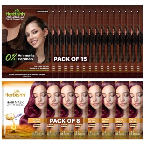 Herbishh Travel Pack Hair Dye Color Shampoo 8pc Argan Hair Mask Sachet Dark Brown 15 Sachets - Image 1