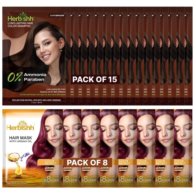 Herbishh Travel Pack Hair Dye Color Shampoo 8pc Argan Hair Mask Sachet Dark Brown 15 Sachets - Image 2