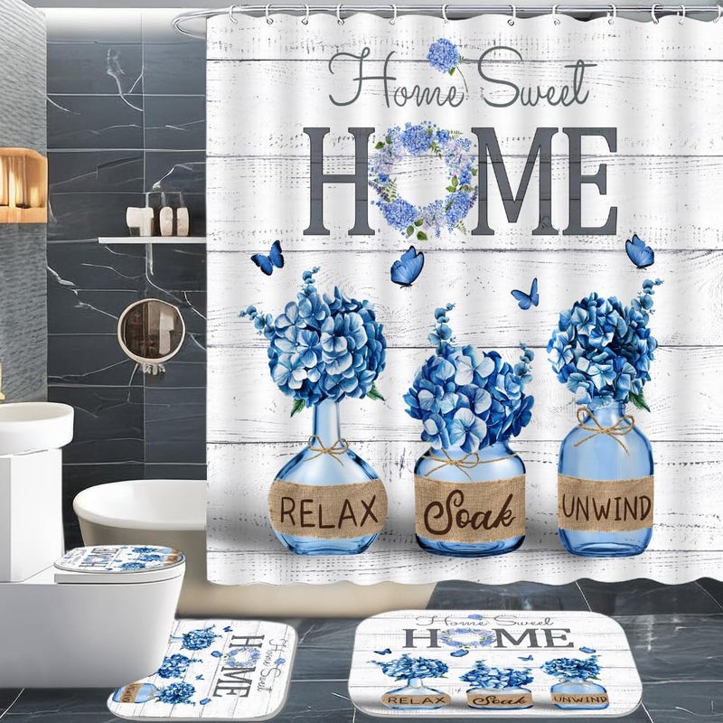 ALEXEX 4 PCS Blue Hydrangea Shower Curtain Sets,Home Sweet Bathroom Set with Shower Curtain and Rugs and Accessories,Farmhouse Country Shower Curtain Bathroom Decor with 12 Hooks,72 X 72 Inches - Image 1