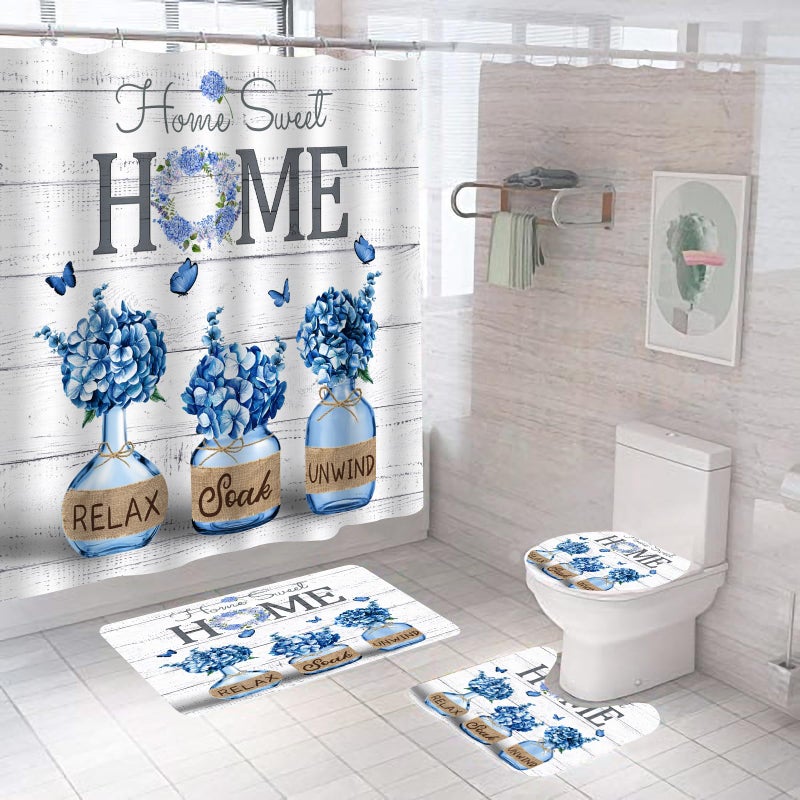ALEXEX 4 PCS Blue Hydrangea Shower Curtain Sets,Home Sweet Bathroom Set with Shower Curtain and Rugs and Accessories,Farmhouse Country Shower Curtain Bathroom Decor with 12 Hooks,72 X 72 Inches - Image 3