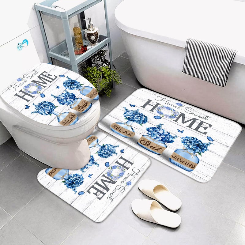 ALEXEX 4 PCS Blue Hydrangea Shower Curtain Sets,Home Sweet Bathroom Set with Shower Curtain and Rugs and Accessories,Farmhouse Country Shower Curtain Bathroom Decor with 12 Hooks,72 X 72 Inches - Image 4
