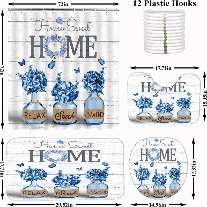 ALEXEX 4 PCS Blue Hydrangea Shower Curtain Sets,Home Sweet Bathroom Set with Shower Curtain and Rugs and Accessories,Farmhouse Country Shower Curtain Bathroom Decor with 12 Hooks,72 X 72 Inches - Image 2