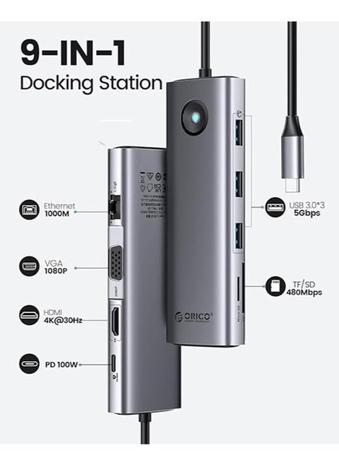 ORICO 9-in-1 USB-C Docking Station with 100W PD, 4K HDMI, VGA, Gigabit Ethernet