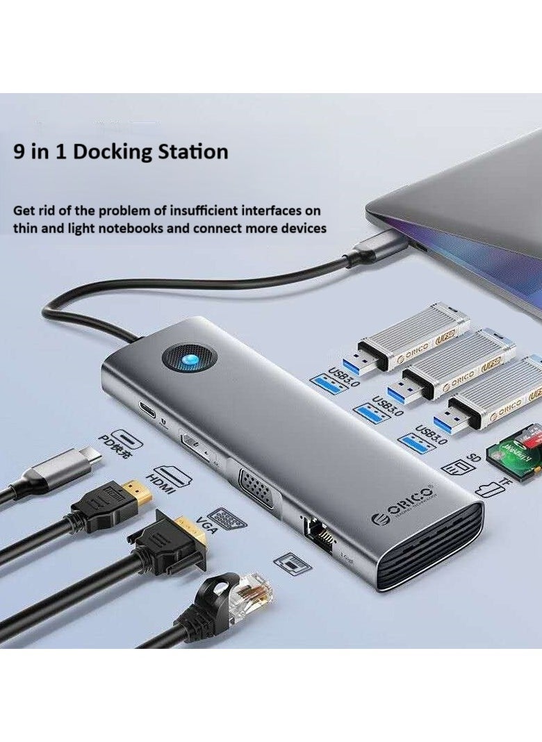 ORICO 9-in-1 USB-C Docking Station with 100W PD, 4K HDMI, VGA, Gigabit Ethernet